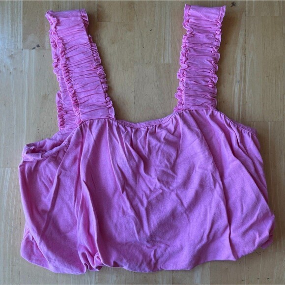 FREE PEOPLE Ruffle Bubble Pink Salmon Top Large NWOT - Picture 1 of 3